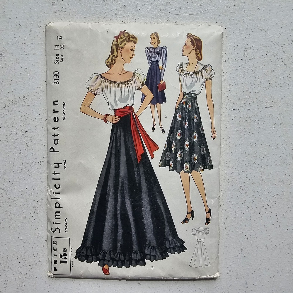 1940s Vintage B32" Simplicity 3130 Peasant Blouse Maxi Skirt Sewing Pattern